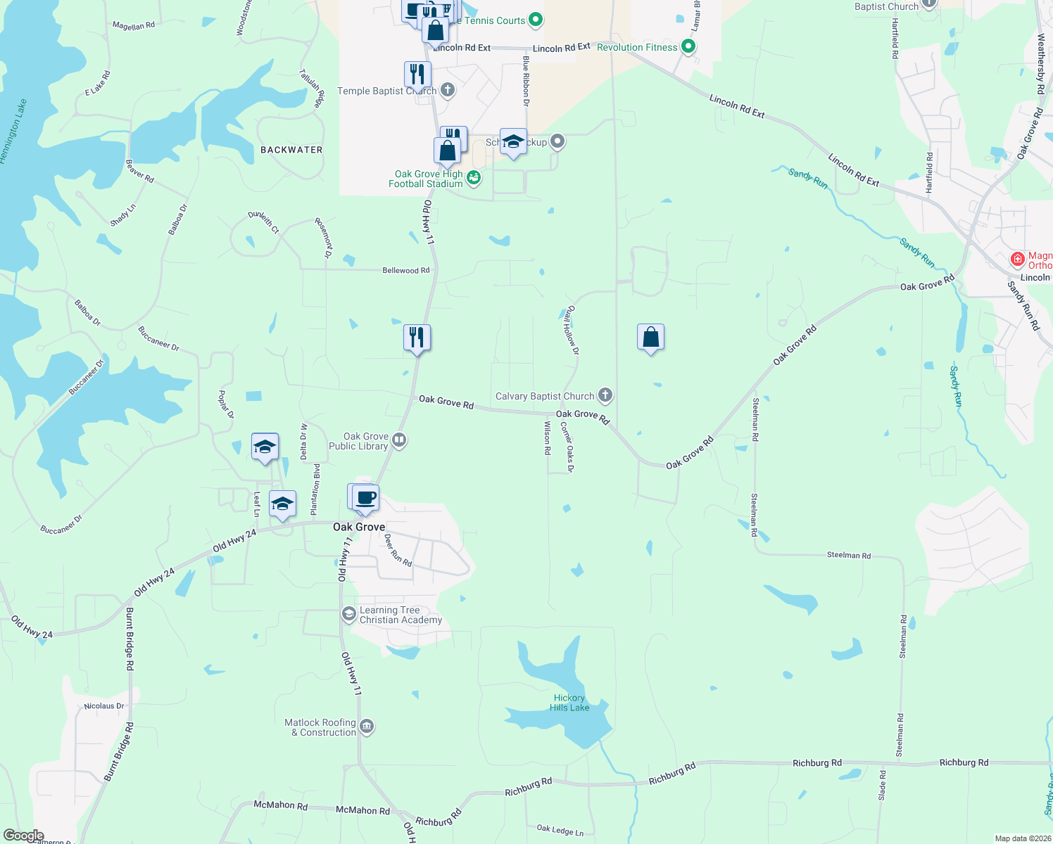 map of restaurants, bars, coffee shops, grocery stores, and more near 3192 Oak Grove Road in Hattiesburg