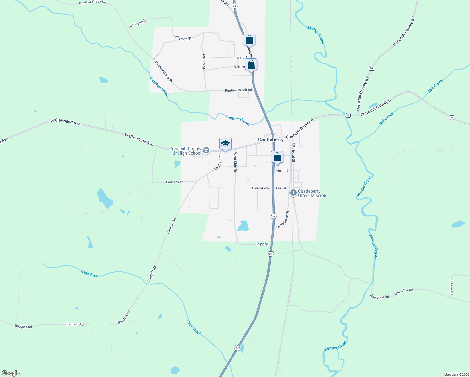 map of restaurants, bars, coffee shops, grocery stores, and more near West Side Rd in Castleberry
