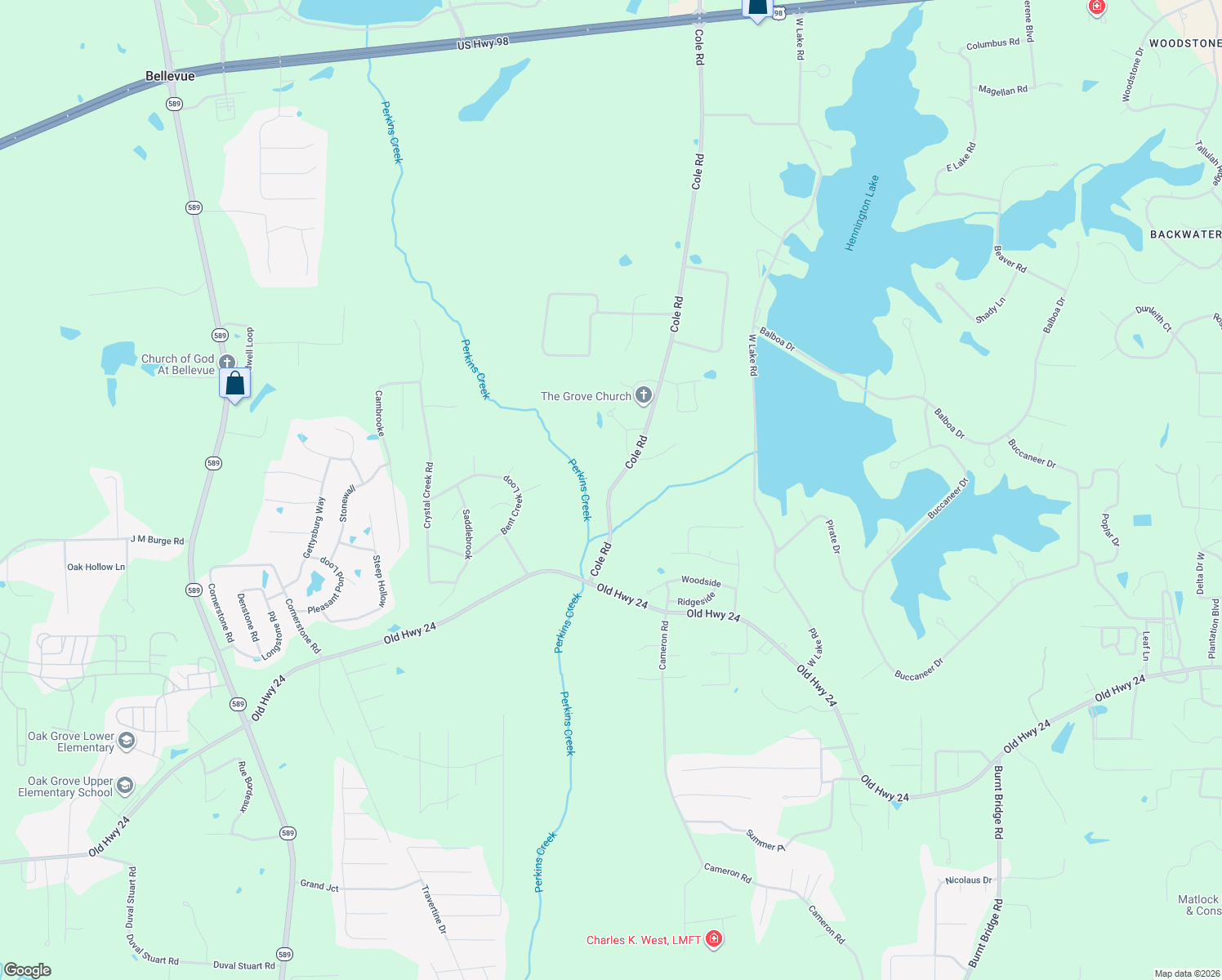 map of restaurants, bars, coffee shops, grocery stores, and more near 98 Cole Road in Hattiesburg