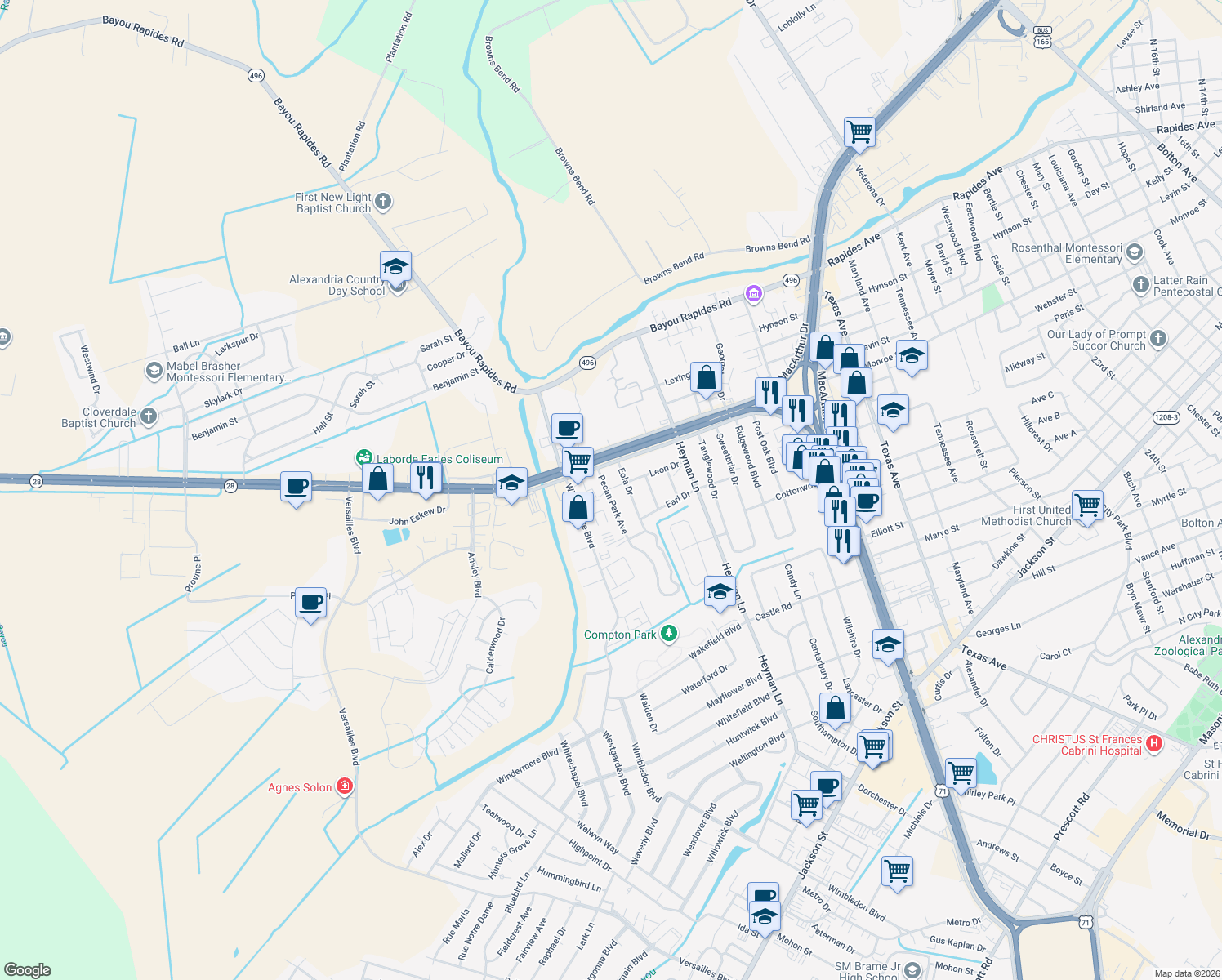 map of restaurants, bars, coffee shops, grocery stores, and more near 209 Pecan Park Boulevard in Alexandria