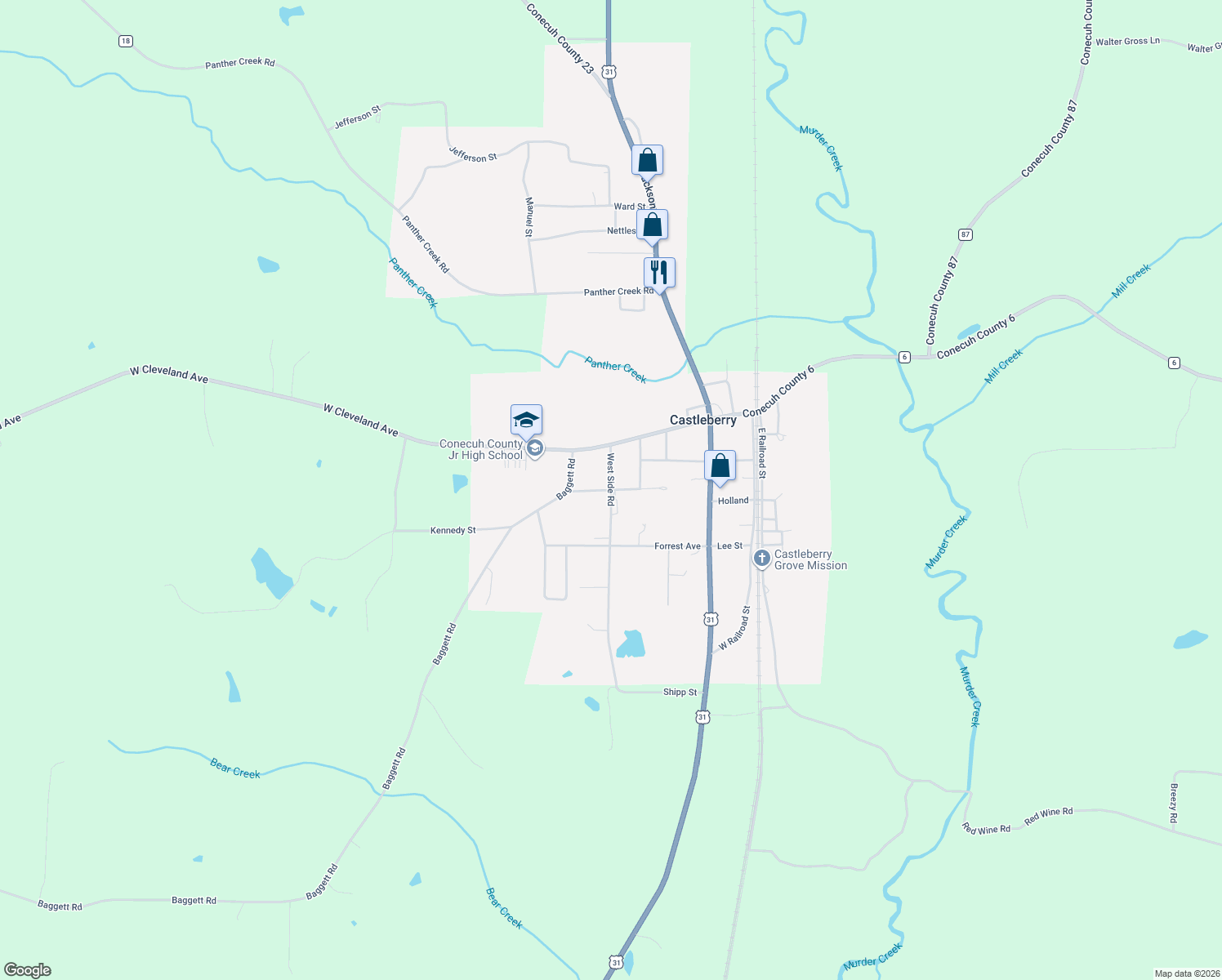 map of restaurants, bars, coffee shops, grocery stores, and more near Ridge Road in Castleberry