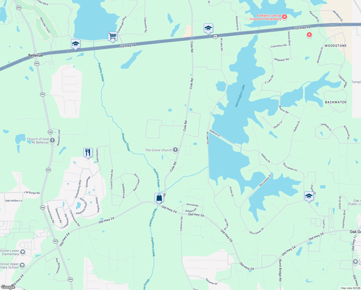map of restaurants, bars, coffee shops, grocery stores, and more near 149 Cole Road in Hattiesburg