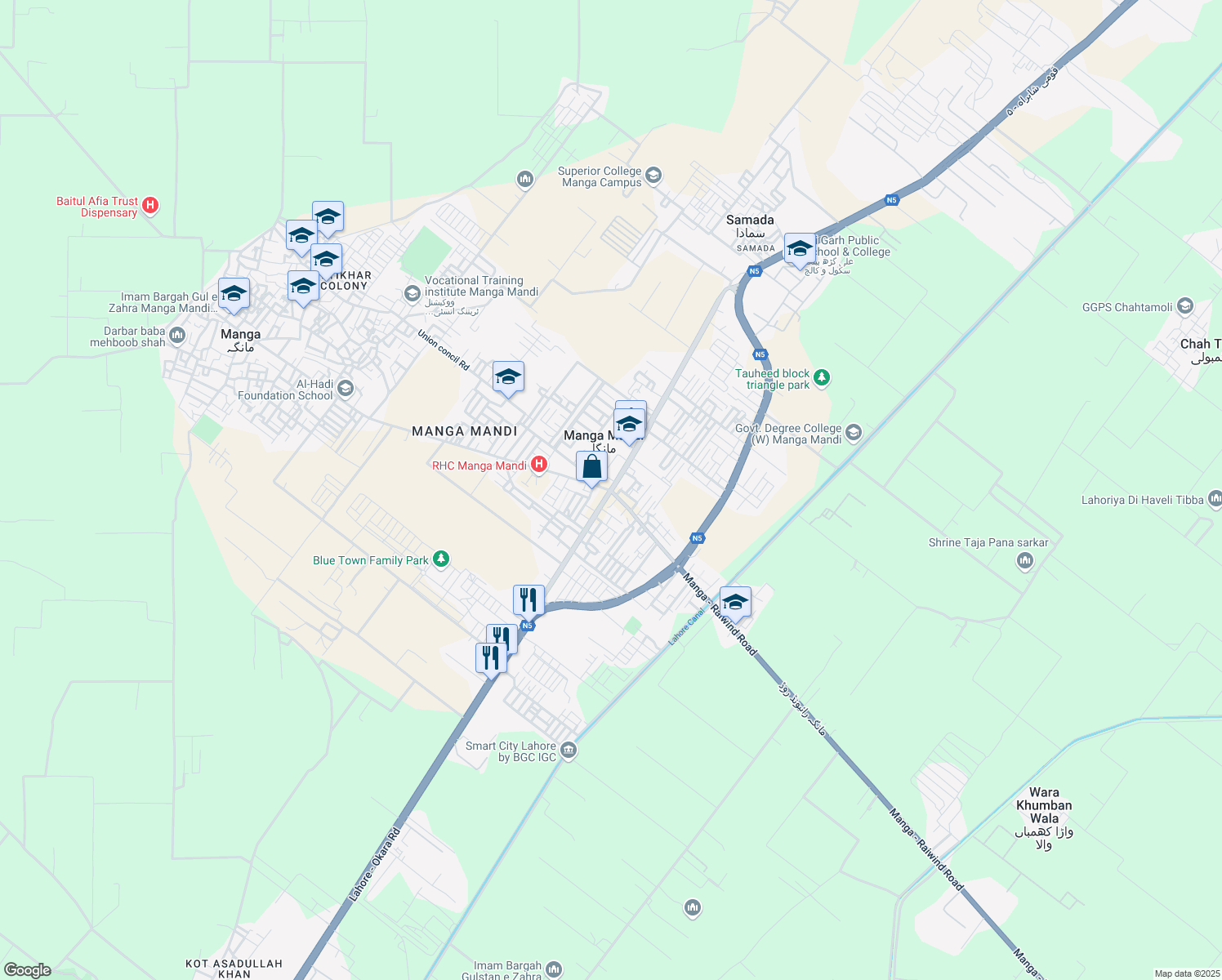 map of restaurants, bars, coffee shops, grocery stores, and more near in Manga Mandi