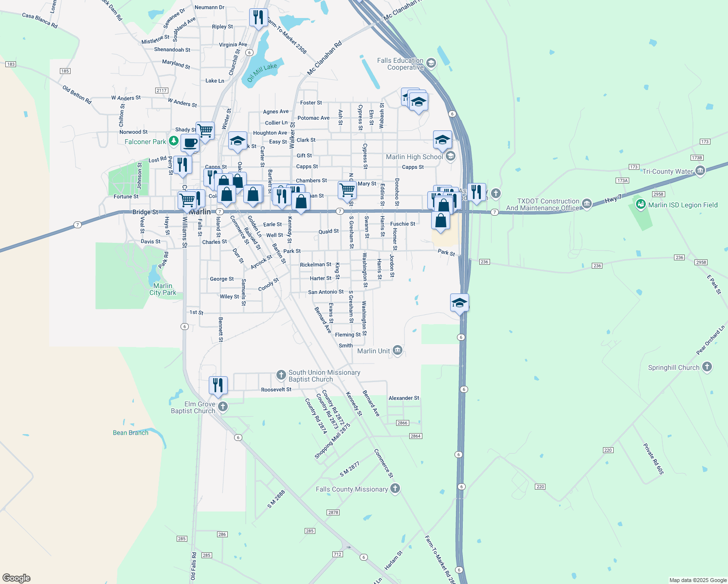 map of restaurants, bars, coffee shops, grocery stores, and more near 705 Washington Street in Marlin