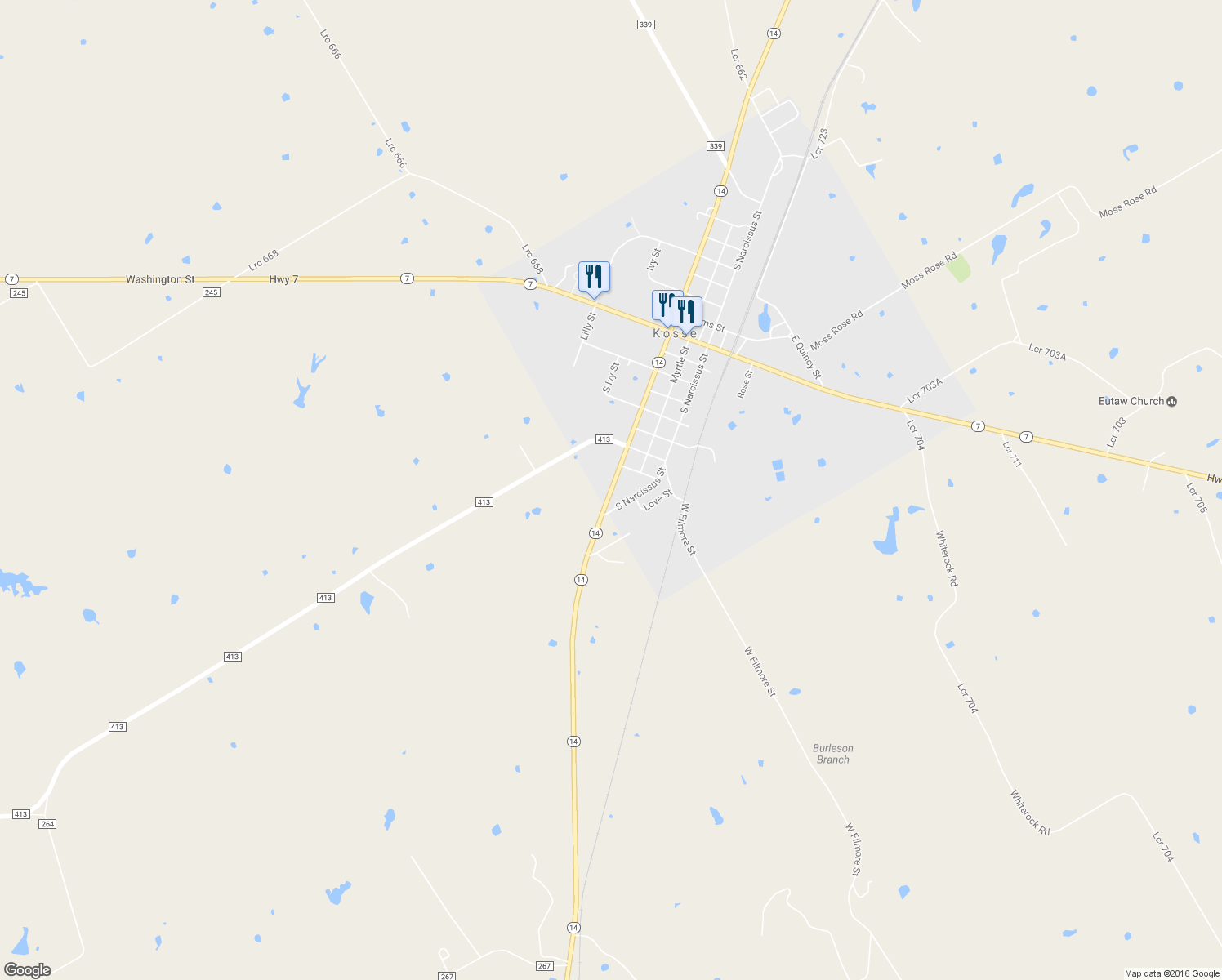 map of restaurants, bars, coffee shops, grocery stores, and more near Texas 14 in Kosse