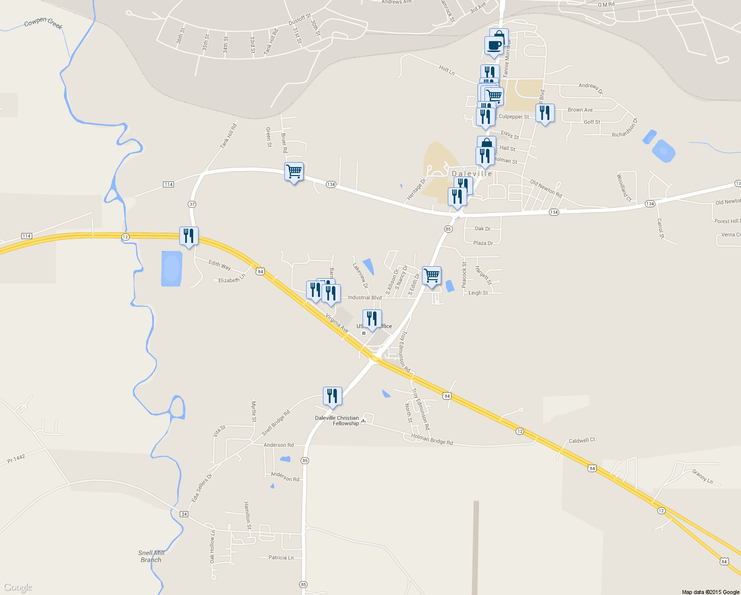 map of restaurants, bars, coffee shops, grocery stores, and more near 215 Lakeview Drive in Daleville