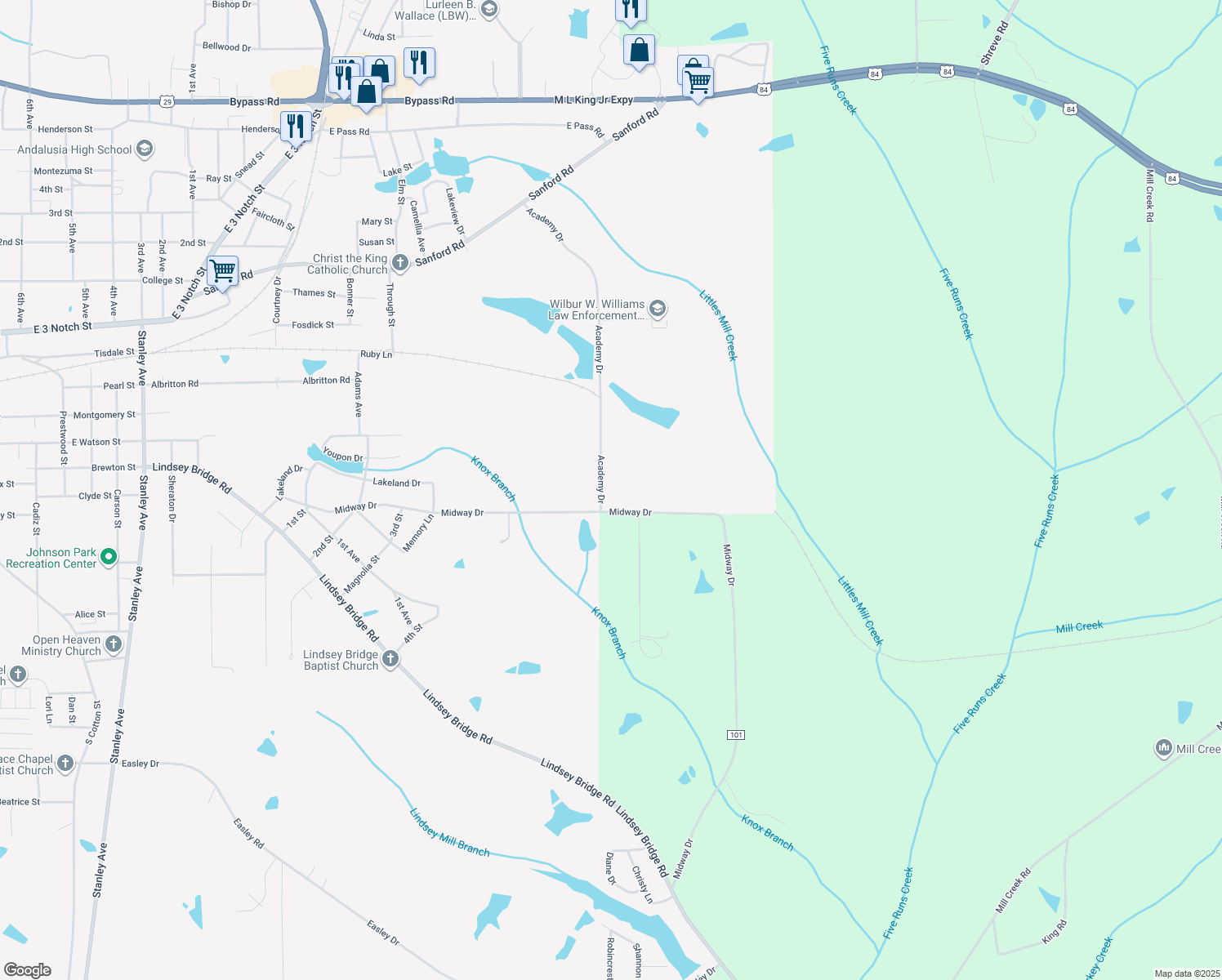 map of restaurants, bars, coffee shops, grocery stores, and more near 419 Academy Dr in Andalusia