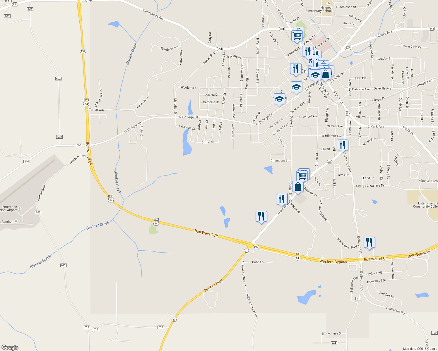 map of restaurants, bars, coffee shops, grocery stores, and more near 430 Doster Street in Enterprise