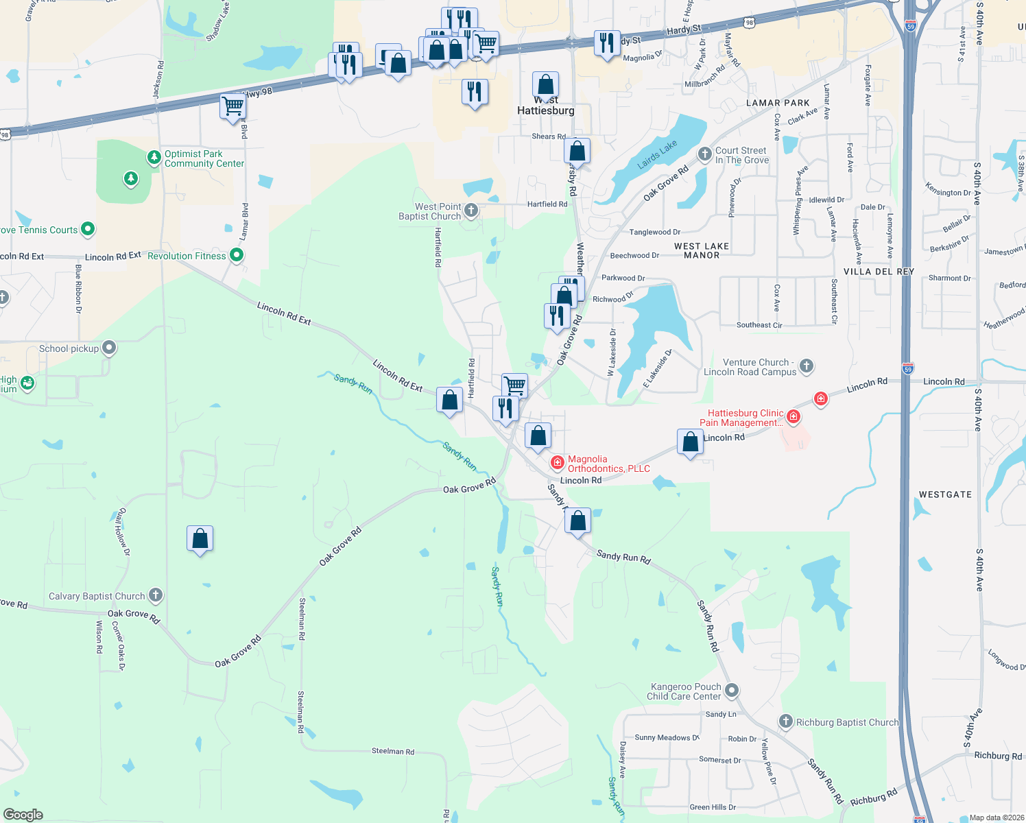 map of restaurants, bars, coffee shops, grocery stores, and more near 2763 Lincoln Road in Hattiesburg