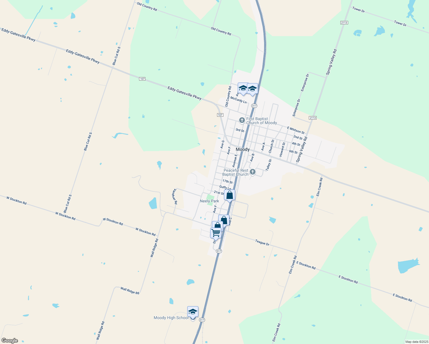 map of restaurants, bars, coffee shops, grocery stores, and more near 600 Ave G in Moody