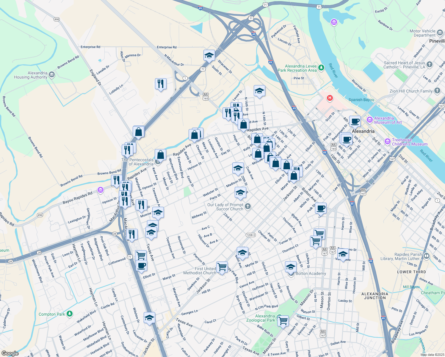 map of restaurants, bars, coffee shops, grocery stores, and more near 1932 Monroe Street in Alexandria