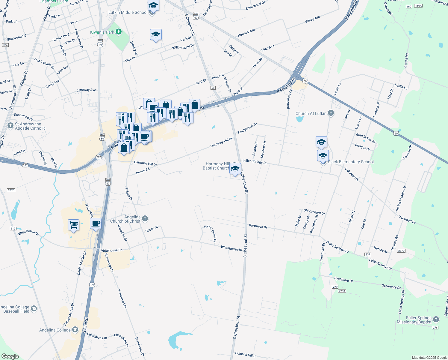 map of restaurants, bars, coffee shops, grocery stores, and more near 1404 Rice Drive in Lufkin