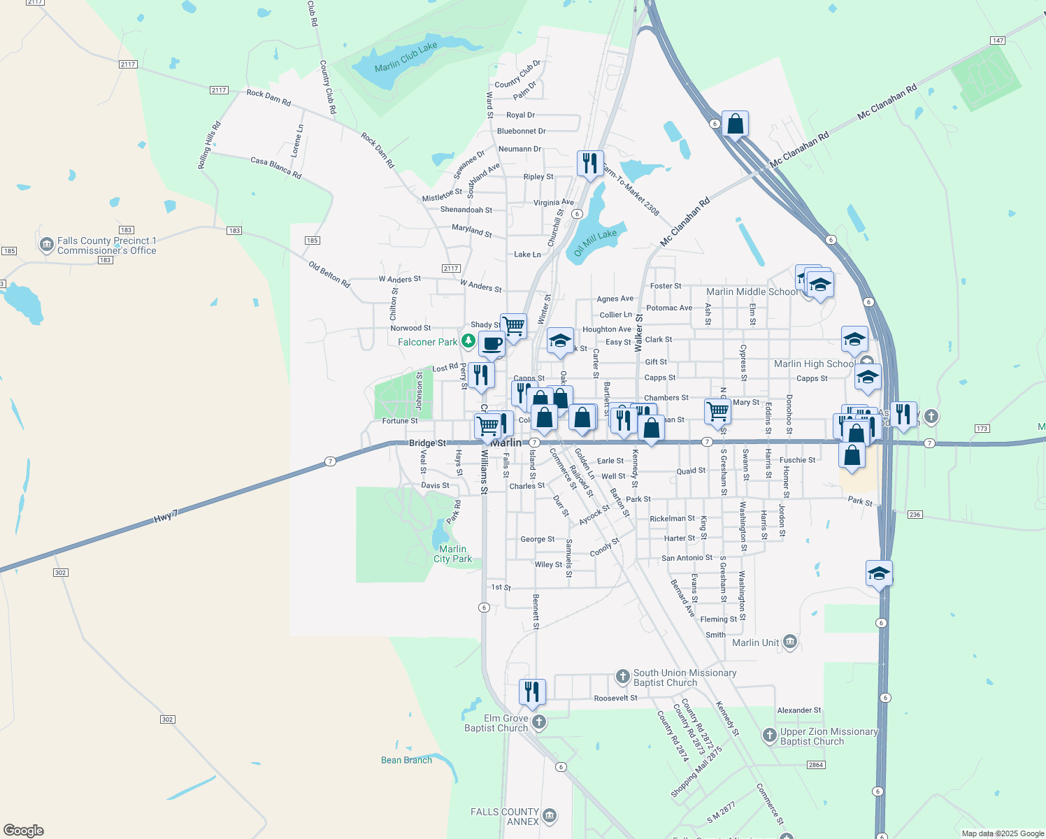 map of restaurants, bars, coffee shops, grocery stores, and more near 129 Coleman Street in Marlin