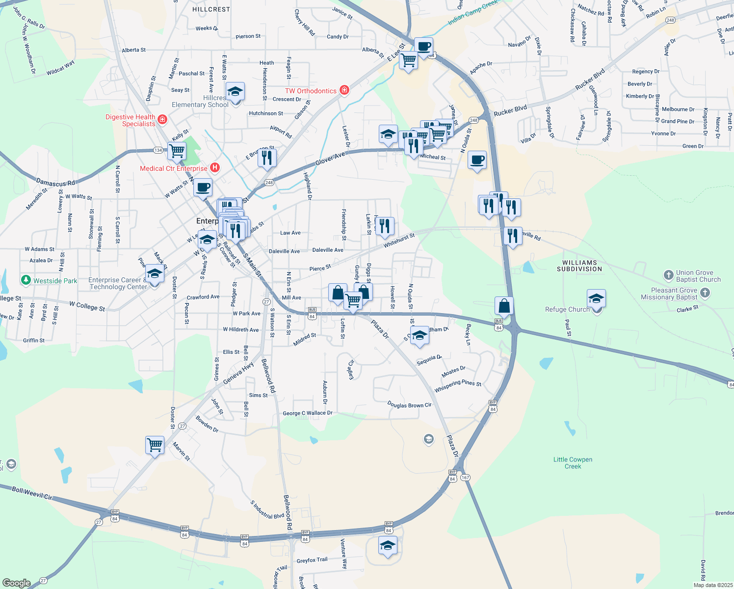 map of restaurants, bars, coffee shops, grocery stores, and more near 507 Mill Avenue in Enterprise