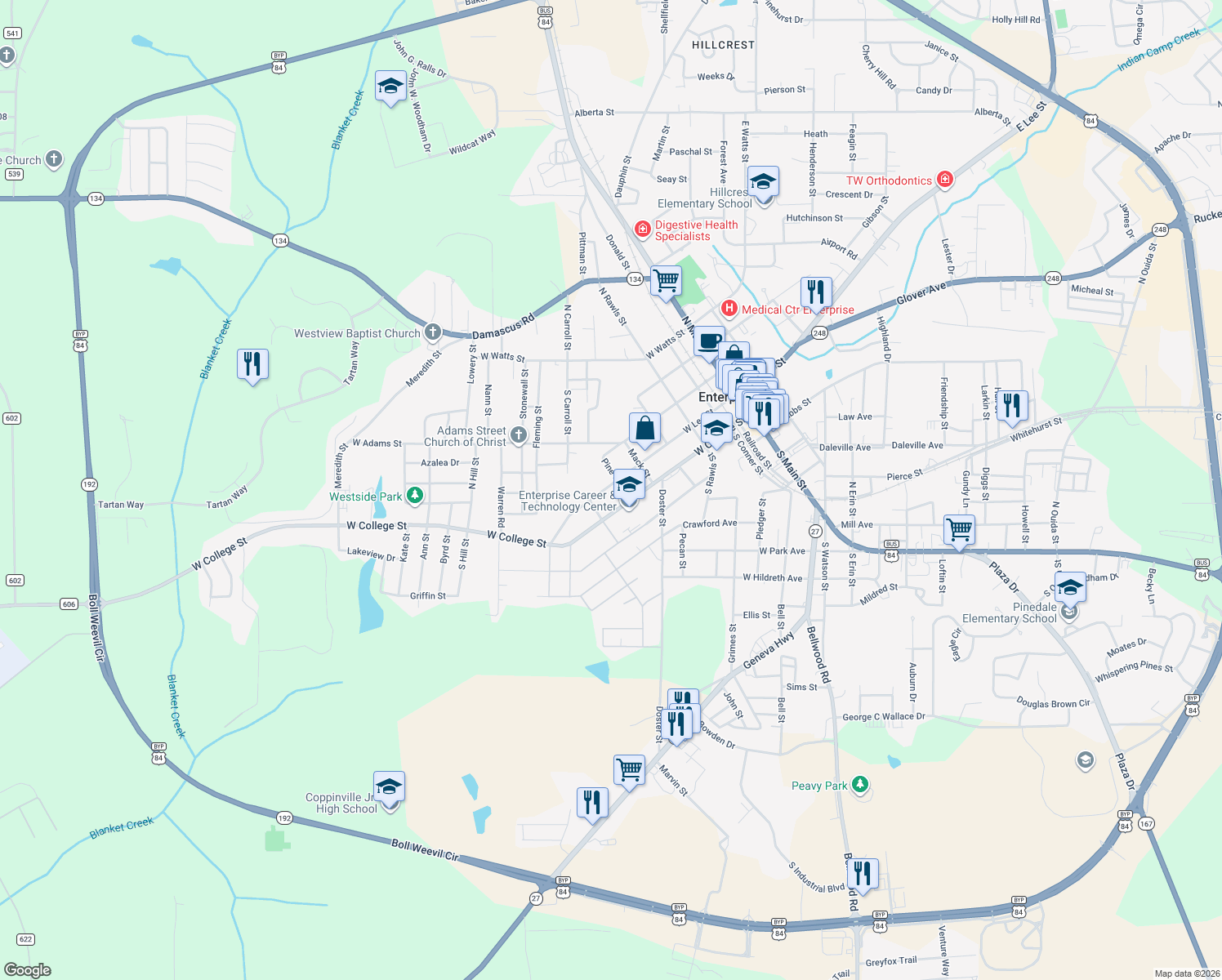 map of restaurants, bars, coffee shops, grocery stores, and more near 601 W Lee St in Enterprise