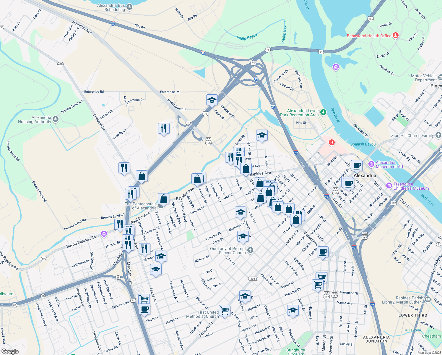 map of restaurants, bars, coffee shops, grocery stores, and more near 2004 Rapides Avenue in Alexandria