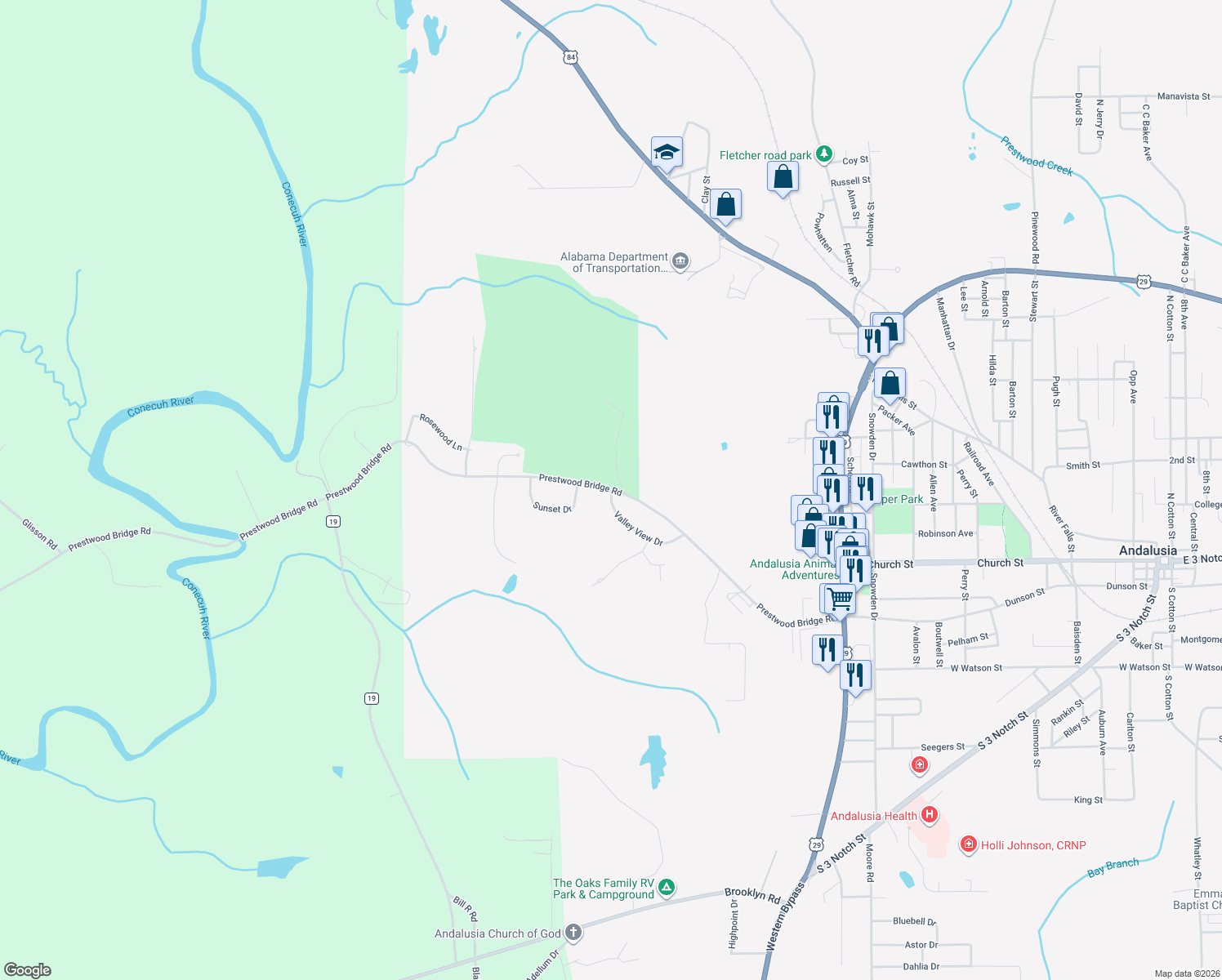 map of restaurants, bars, coffee shops, grocery stores, and more near 1219 Valley View Dr in Andalusia