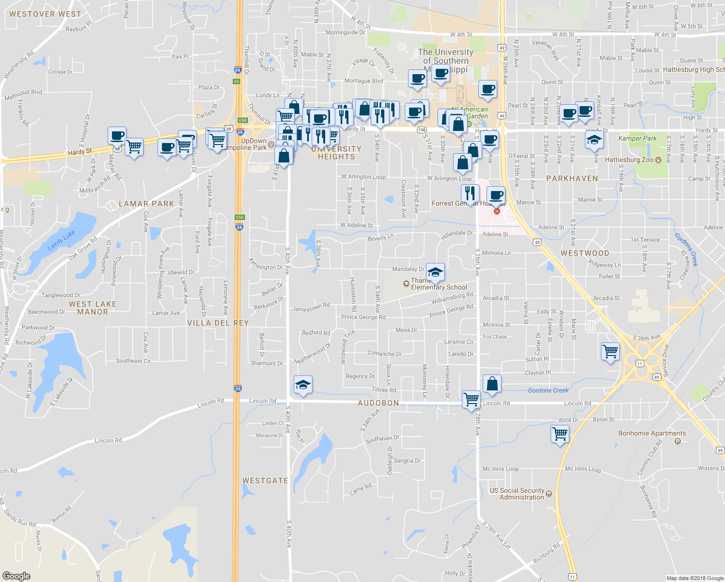 map of restaurants, bars, coffee shops, grocery stores, and more near 115 Jeff Davis Circle in Hattiesburg