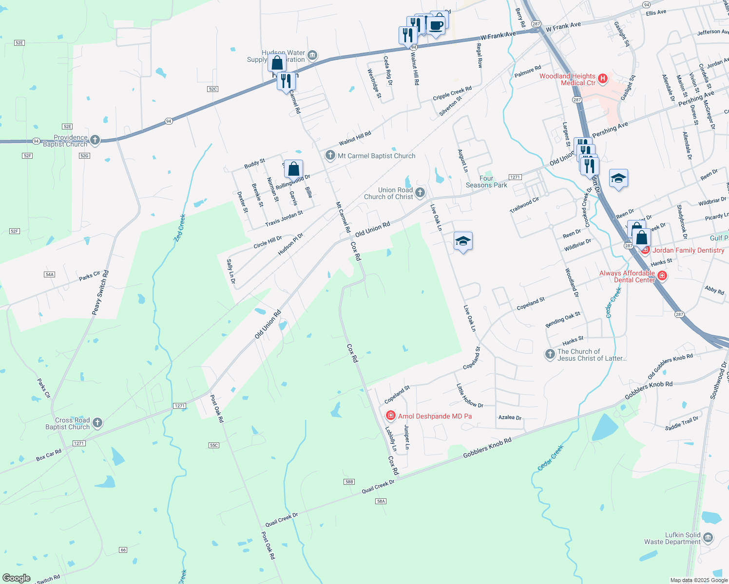 map of restaurants, bars, coffee shops, grocery stores, and more near 108 Lennox Road in Lufkin