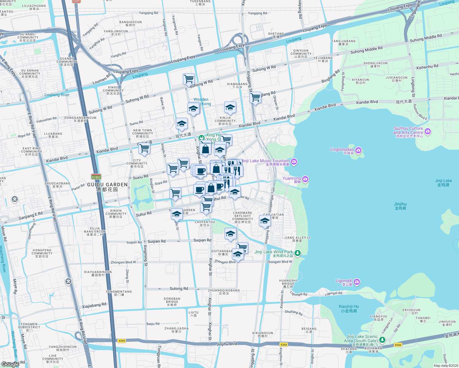 map of restaurants, bars, coffee shops, grocery stores, and more near Xing Han Jie in Su Zhou Shi