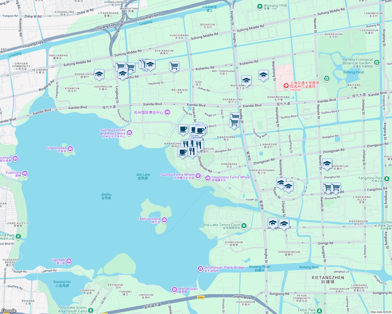 map of restaurants, bars, coffee shops, grocery stores, and more near in Suzhou Shi