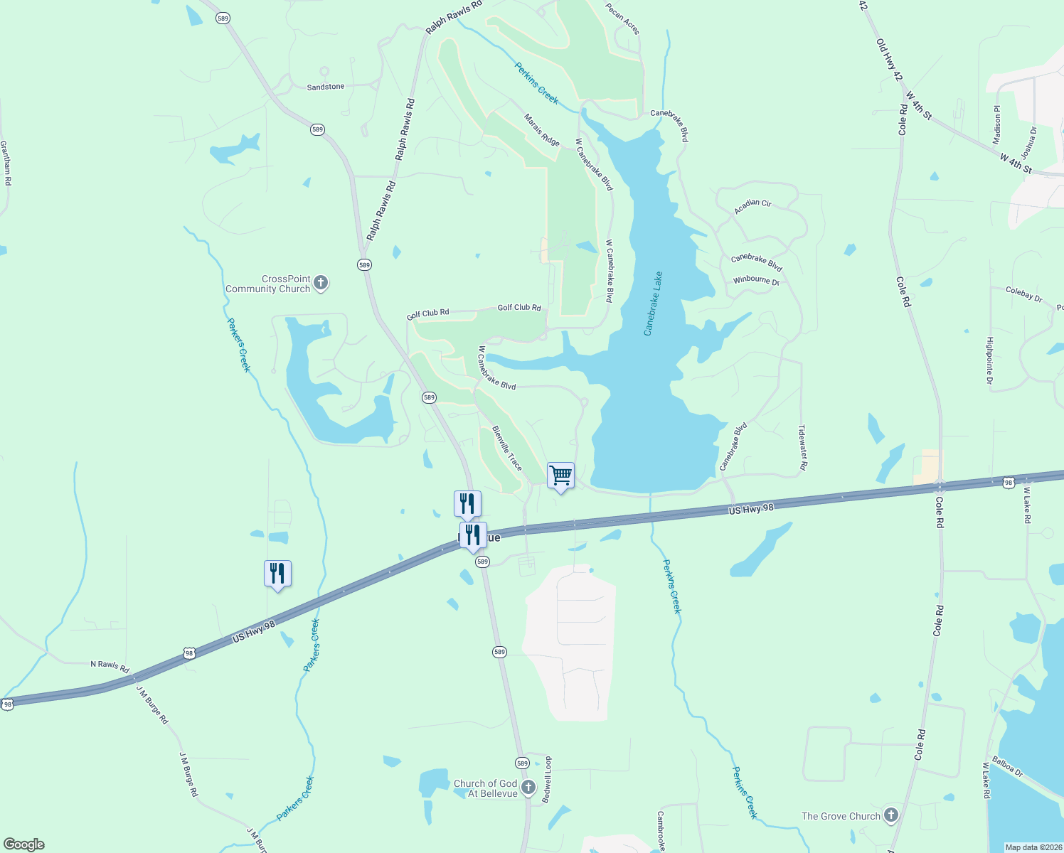 map of restaurants, bars, coffee shops, grocery stores, and more near 42 Bocage Rd in Hattiesburg