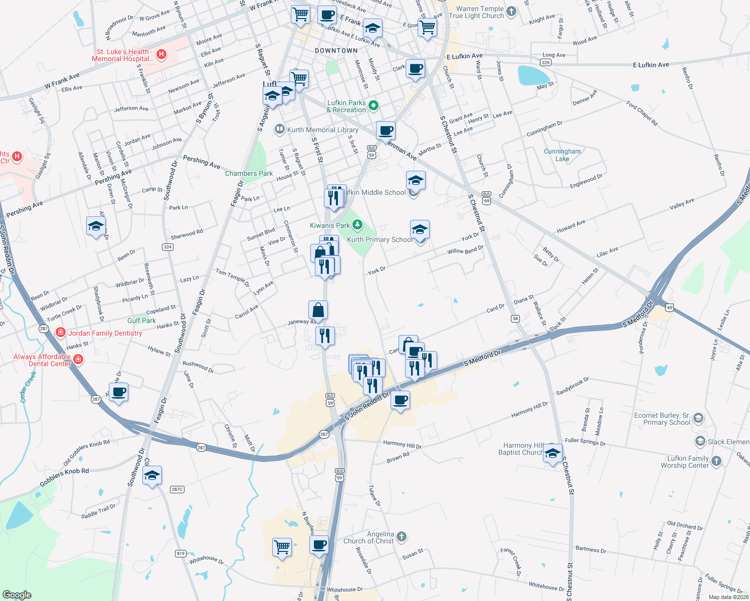 map of restaurants, bars, coffee shops, grocery stores, and more near 1509 Tulane Dr in Lufkin