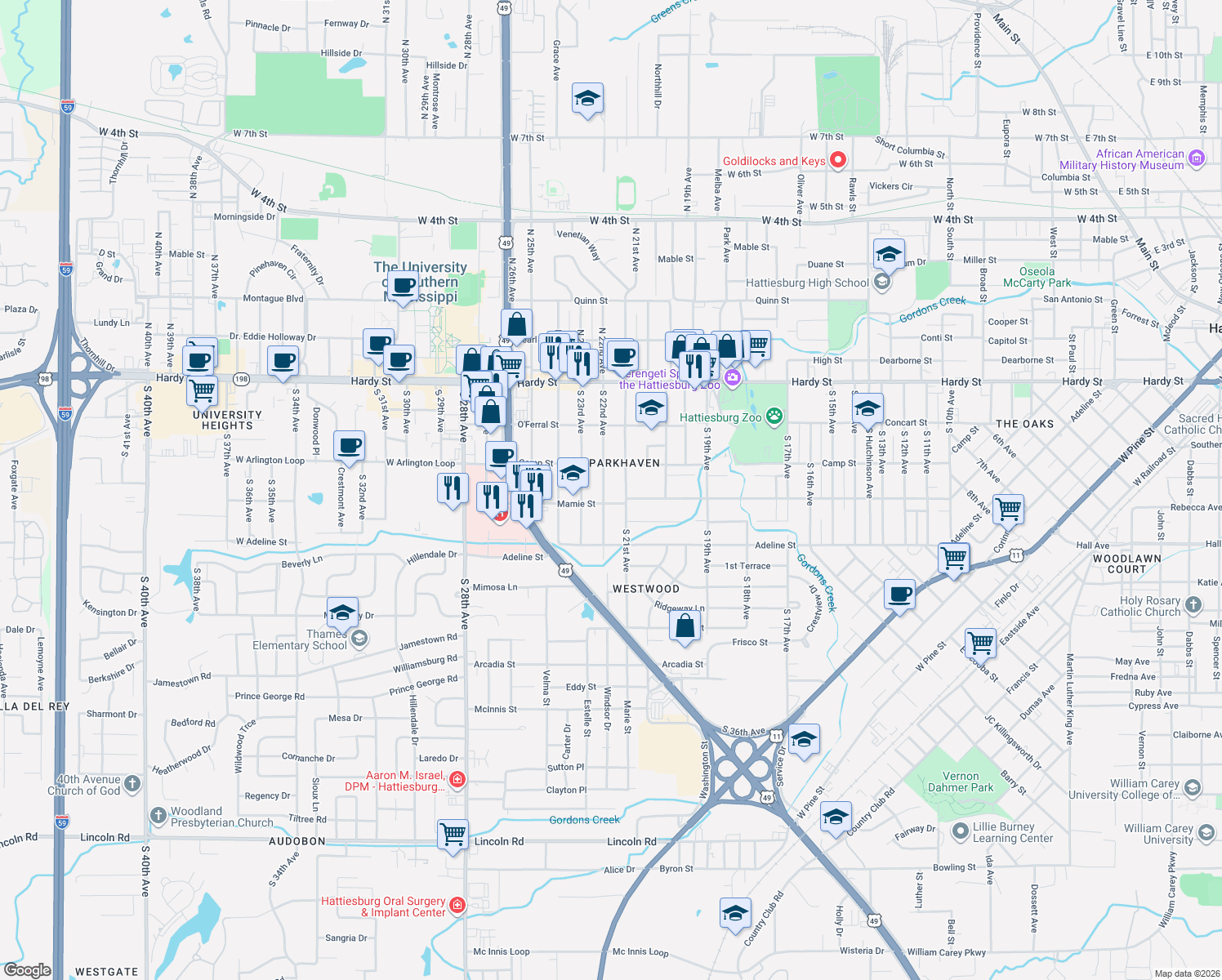 map of restaurants, bars, coffee shops, grocery stores, and more near 314 South 22nd Avenue in Hattiesburg