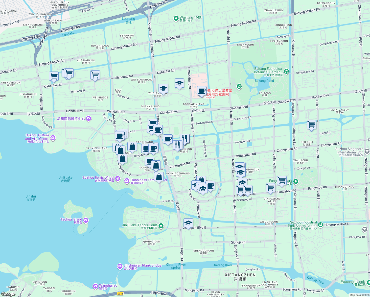map of restaurants, bars, coffee shops, grocery stores, and more near Wang Dun Lu in Su Zhou Shi