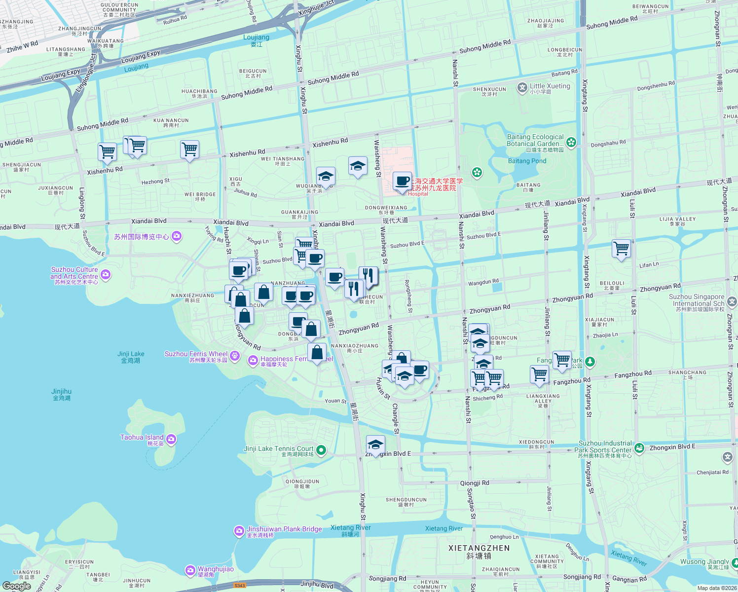map of restaurants, bars, coffee shops, grocery stores, and more near Wang Dun Lu in Su Zhou Shi