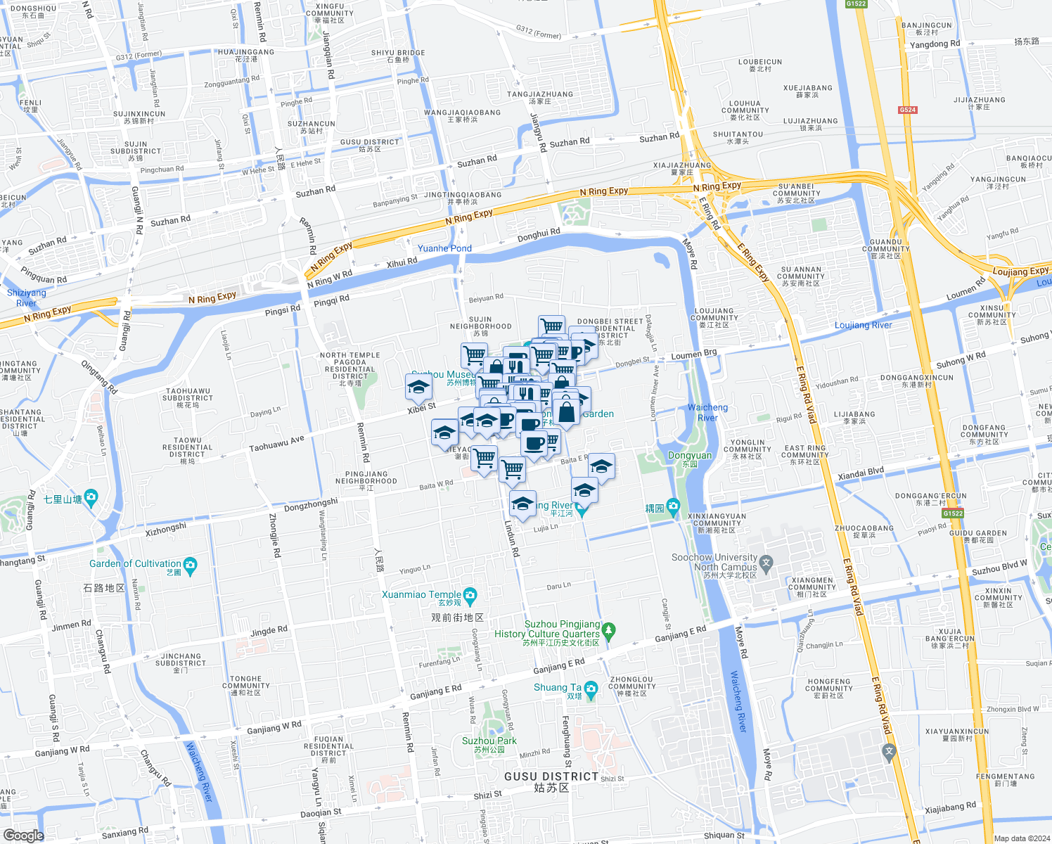 map of restaurants, bars, coffee shops, grocery stores, and more near Yuan Lin Lu in Su Zhou Shi