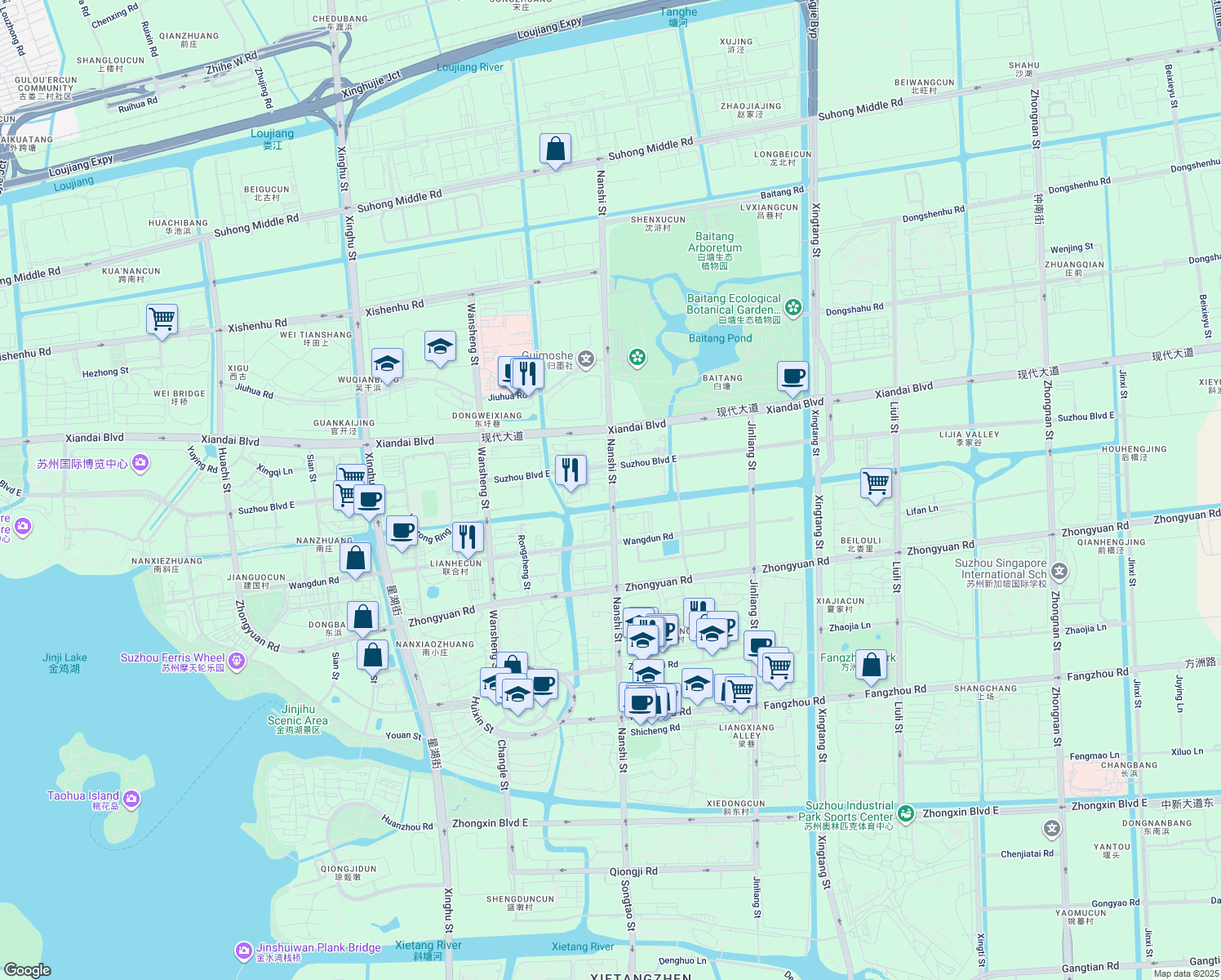 map of restaurants, bars, coffee shops, grocery stores, and more near Nan Shi Jie in Suzhou Shi