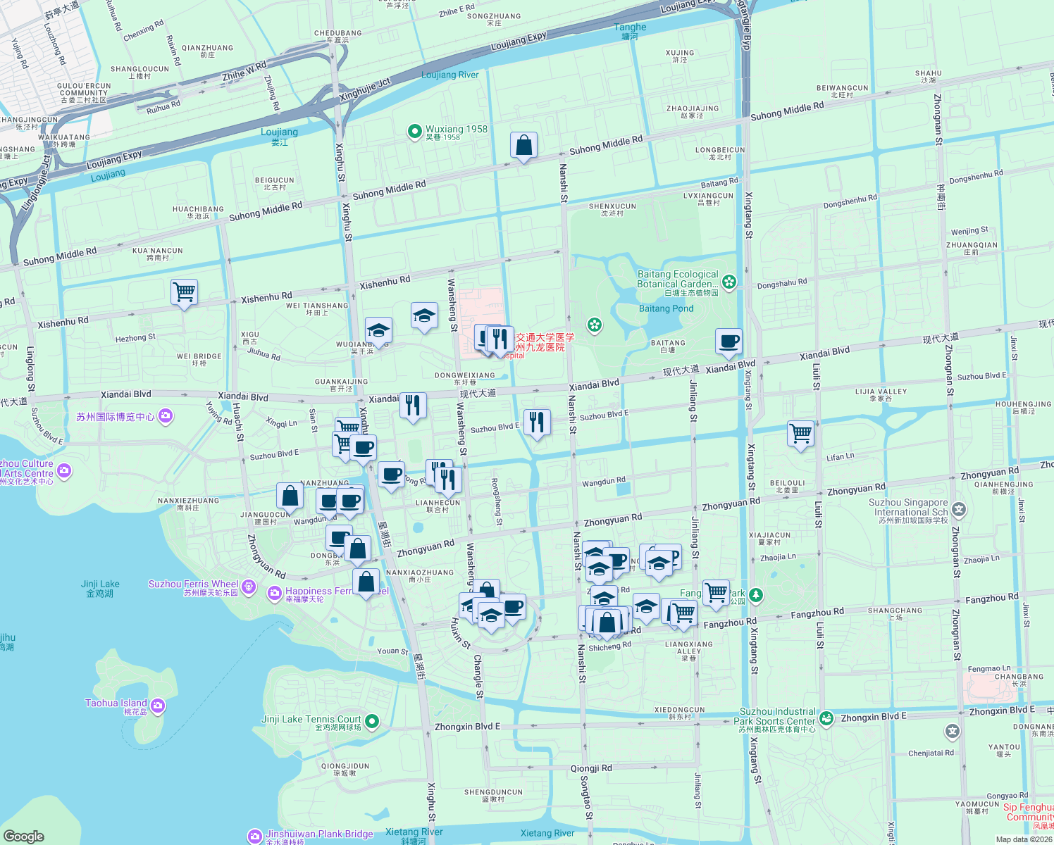 map of restaurants, bars, coffee shops, grocery stores, and more near Su Zhou Da Dao Dong in Su Zhou Shi