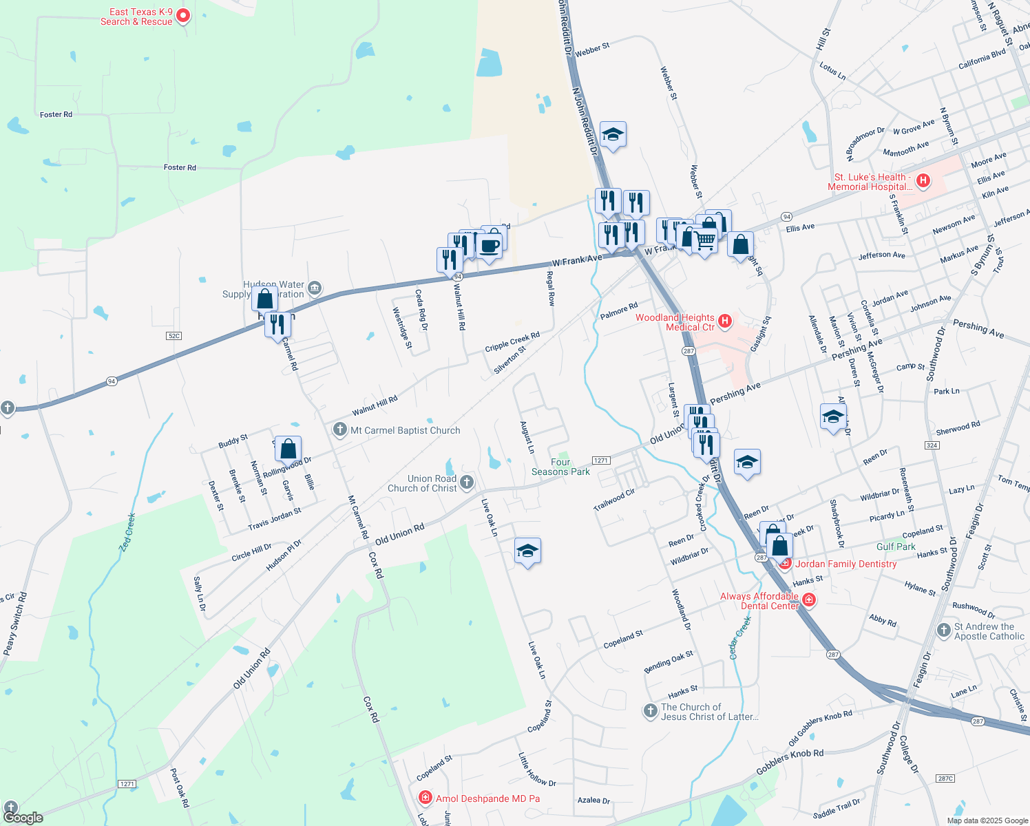 map of restaurants, bars, coffee shops, grocery stores, and more near 401 August Ln in Lufkin
