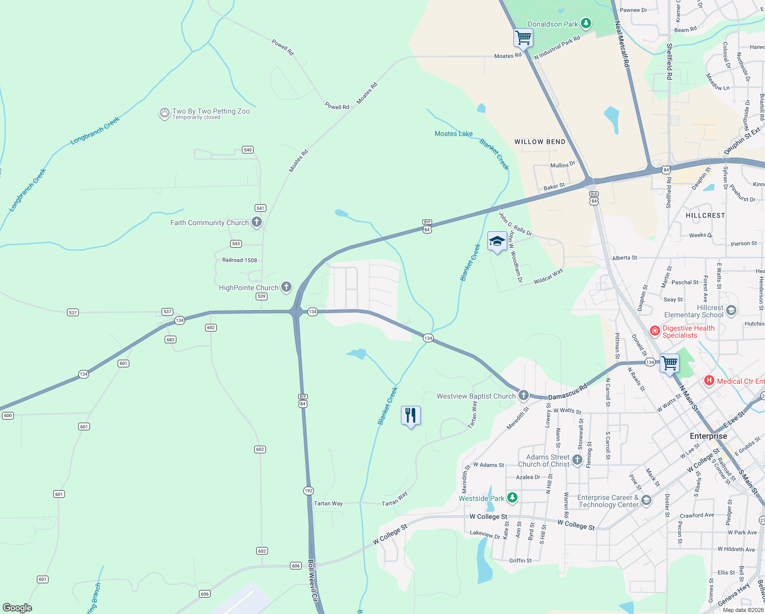 map of restaurants, bars, coffee shops, grocery stores, and more near 106 Woodbridge Road in Enterprise