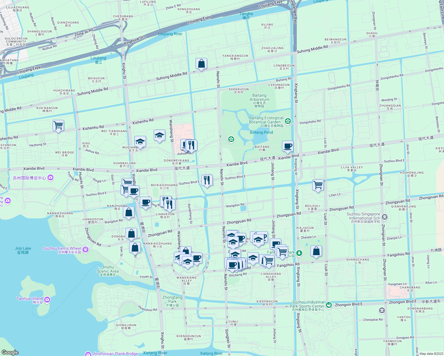 map of restaurants, bars, coffee shops, grocery stores, and more near Nan Shi Jie in Suzhou Shi