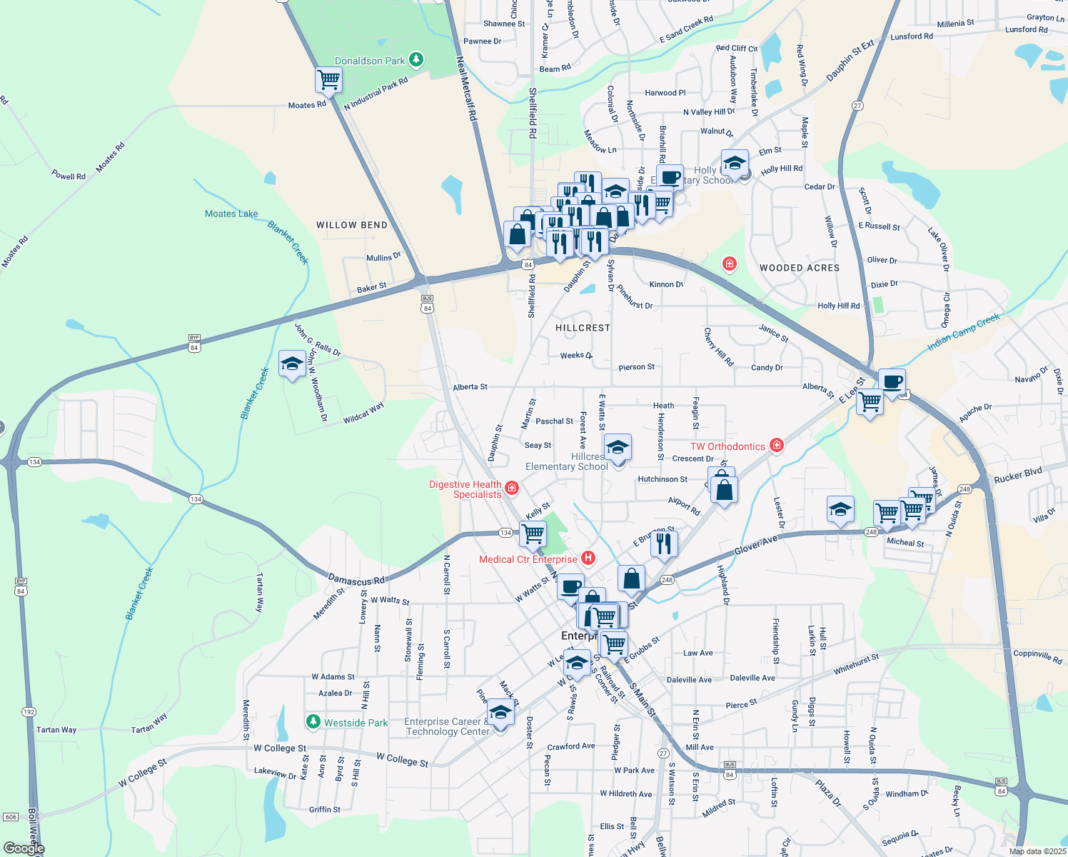 map of restaurants, bars, coffee shops, grocery stores, and more near 102 Paschal St in Enterprise