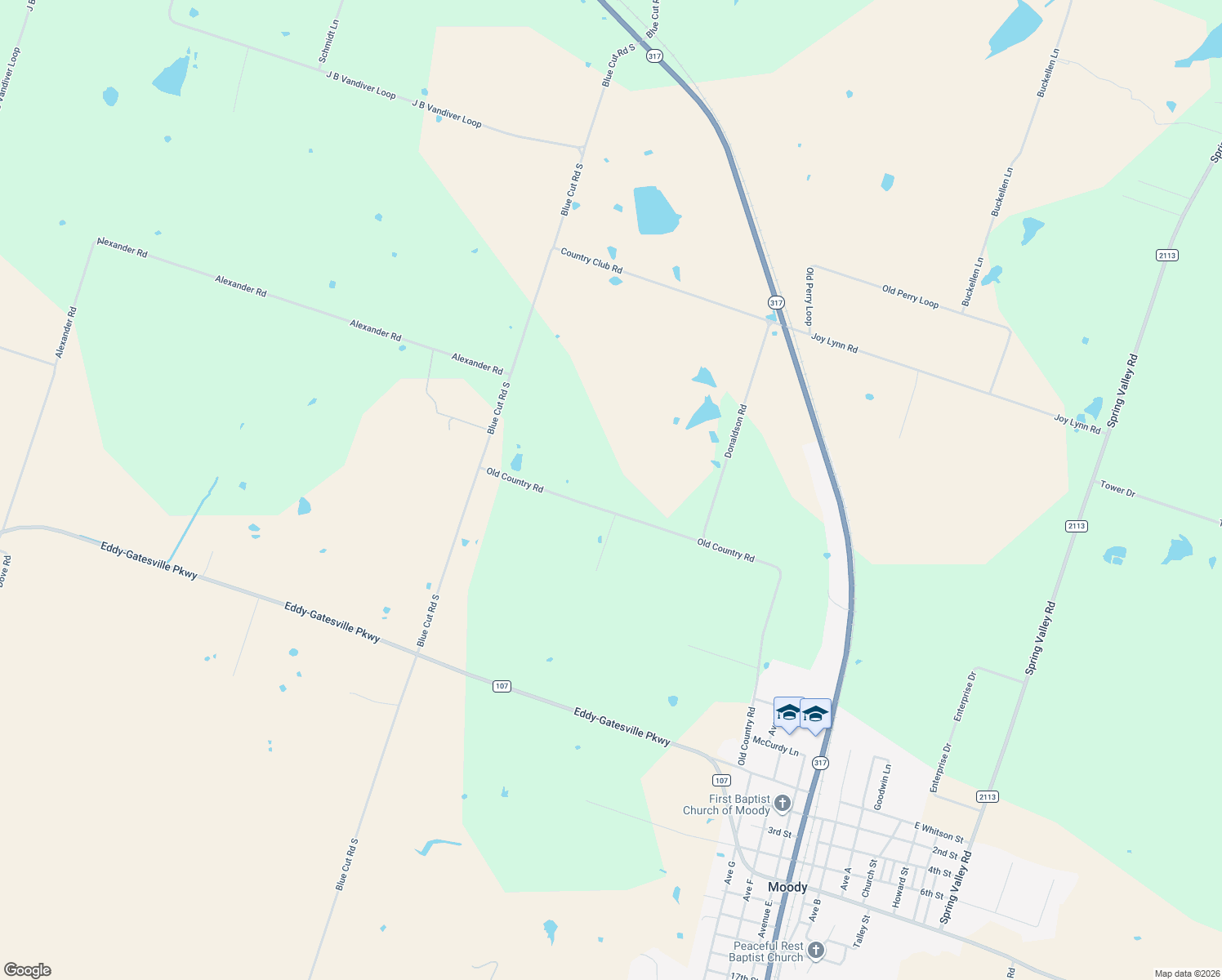 map of restaurants, bars, coffee shops, grocery stores, and more near 1314 Old Country Rd in Moody