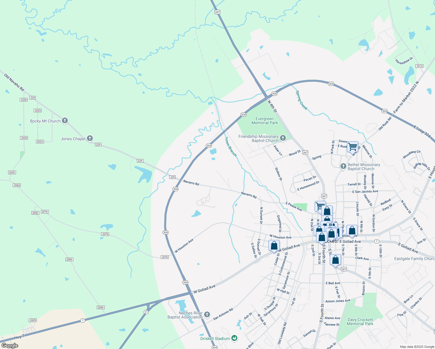 map of restaurants, bars, coffee shops, grocery stores, and more near 900 Navarro Road in Crockett