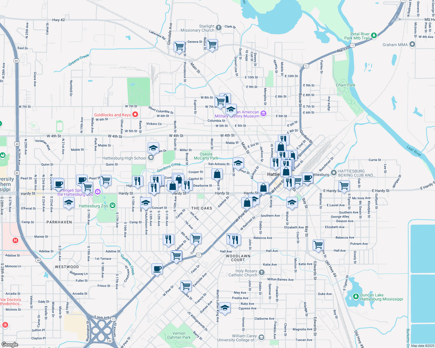 map of restaurants, bars, coffee shops, grocery stores, and more near 305 St Paul St in Hattiesburg