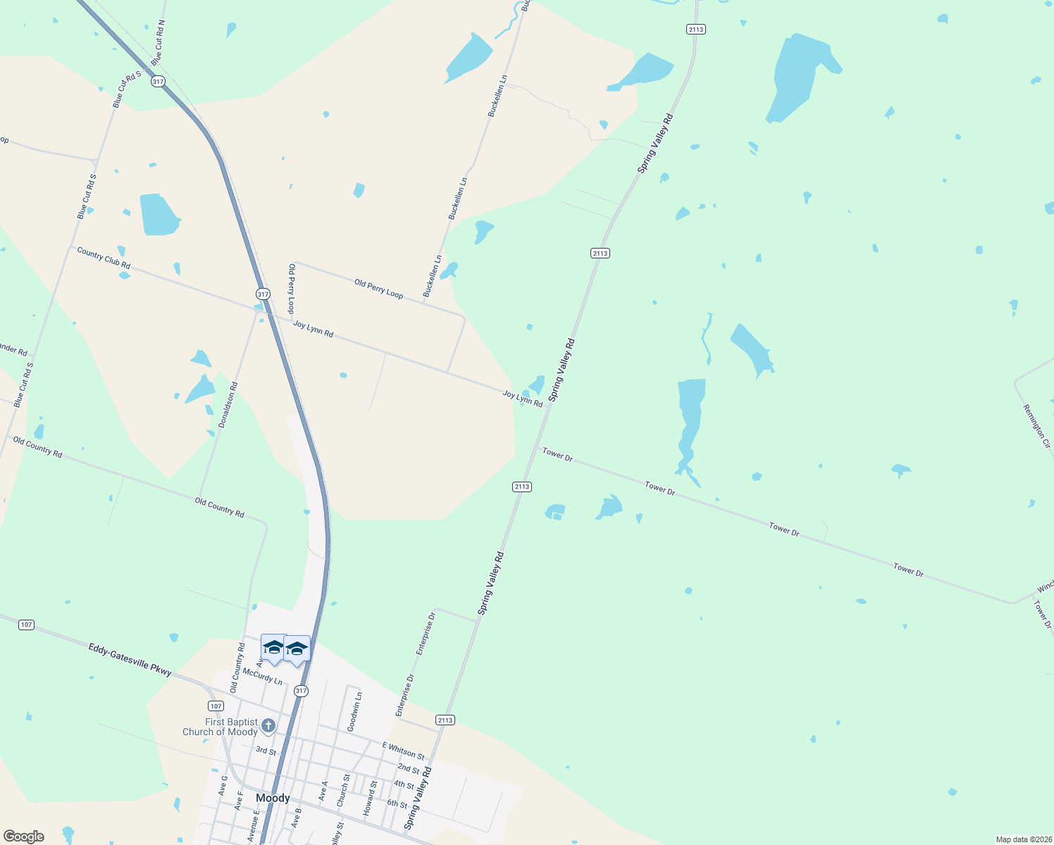 map of restaurants, bars, coffee shops, grocery stores, and more near 13296 Spring Valley Road in Moody