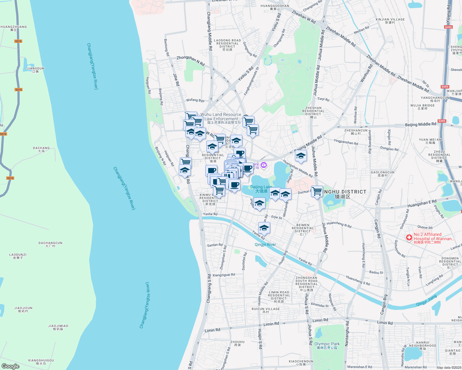 map of restaurants, bars, coffee shops, grocery stores, and more near Zhong He Lu in Wu Hu Shi