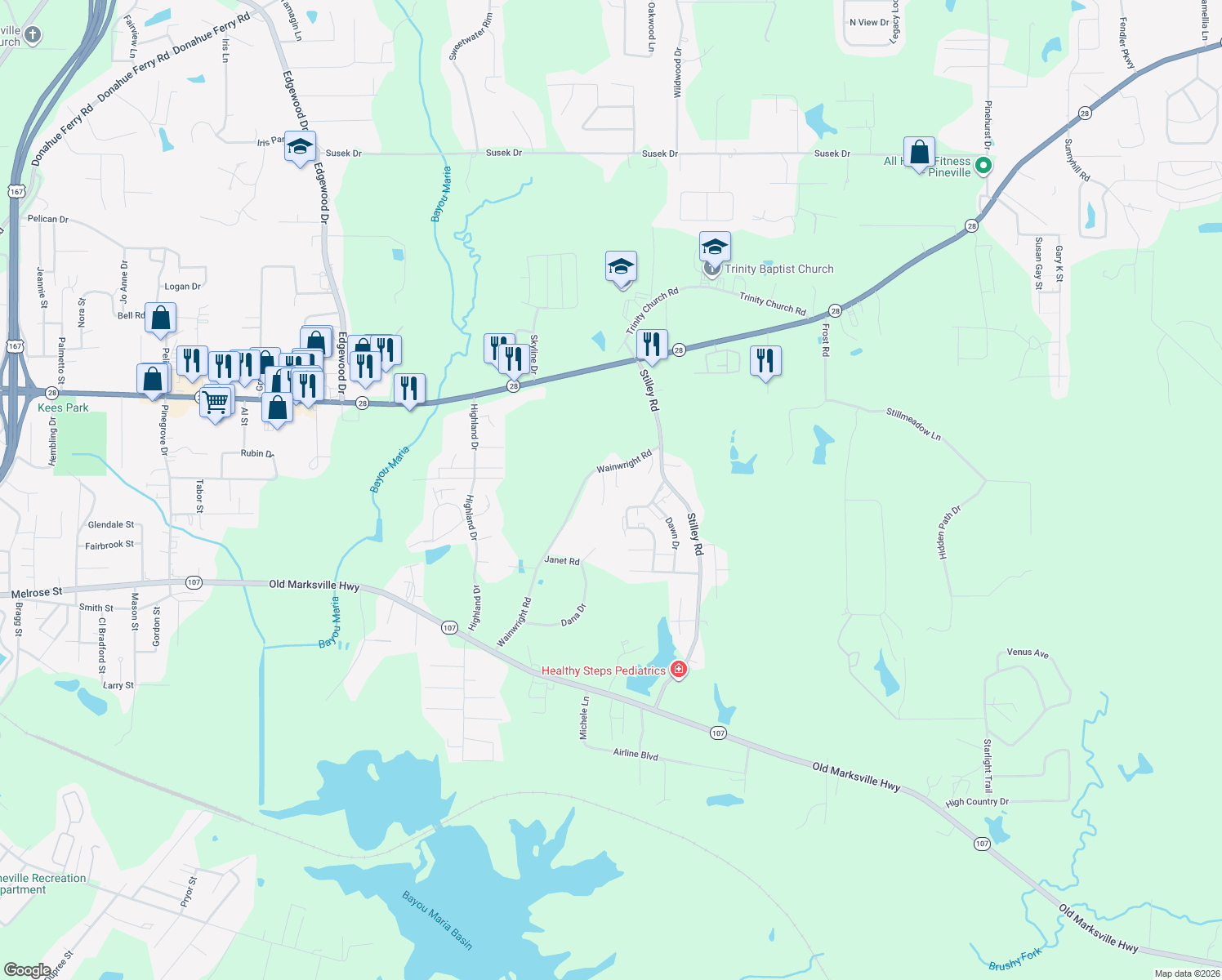 map of restaurants, bars, coffee shops, grocery stores, and more near 229 Kala Dr in Pineville