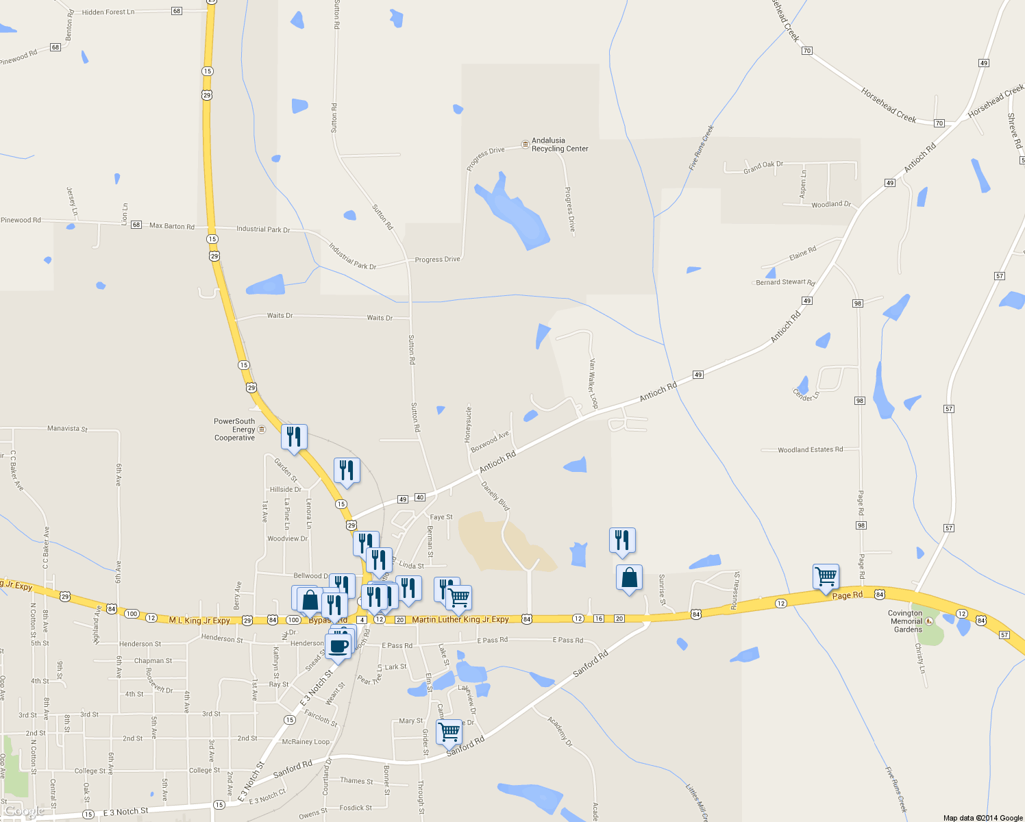 map of restaurants, bars, coffee shops, grocery stores, and more near 100 Spruce Drive in Andalusia