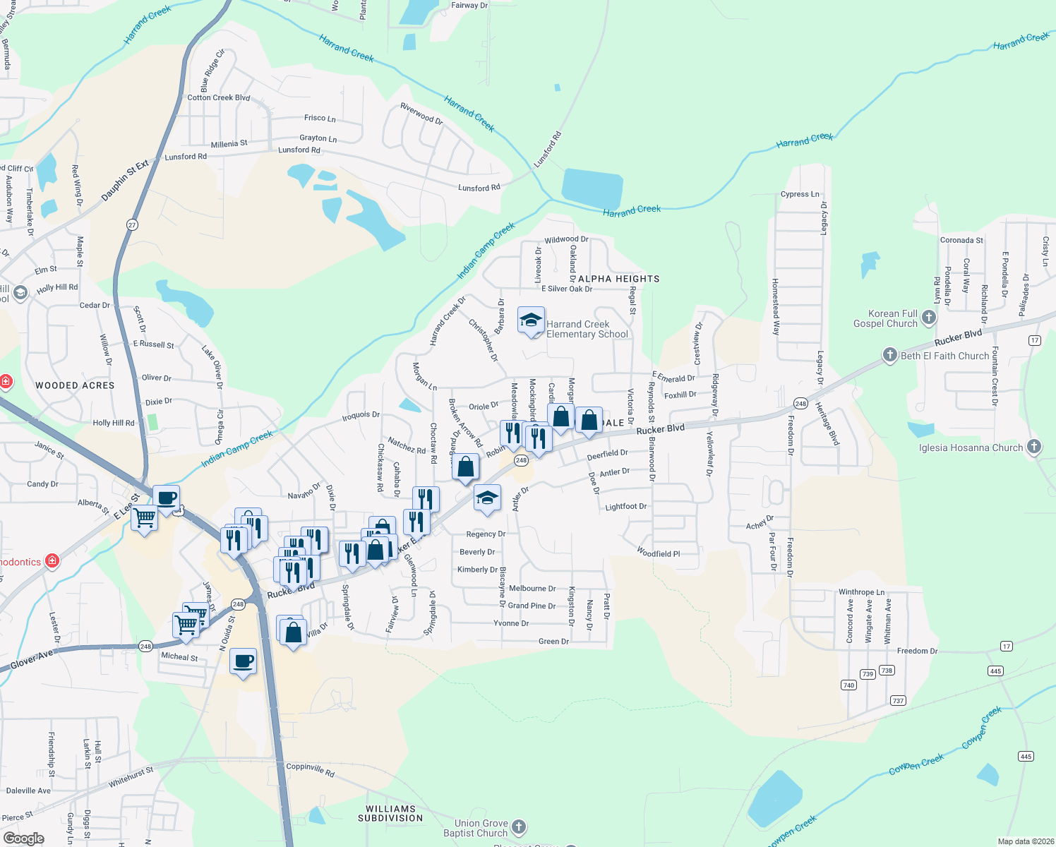 map of restaurants, bars, coffee shops, grocery stores, and more near 103 Mockingbird Lane in Enterprise
