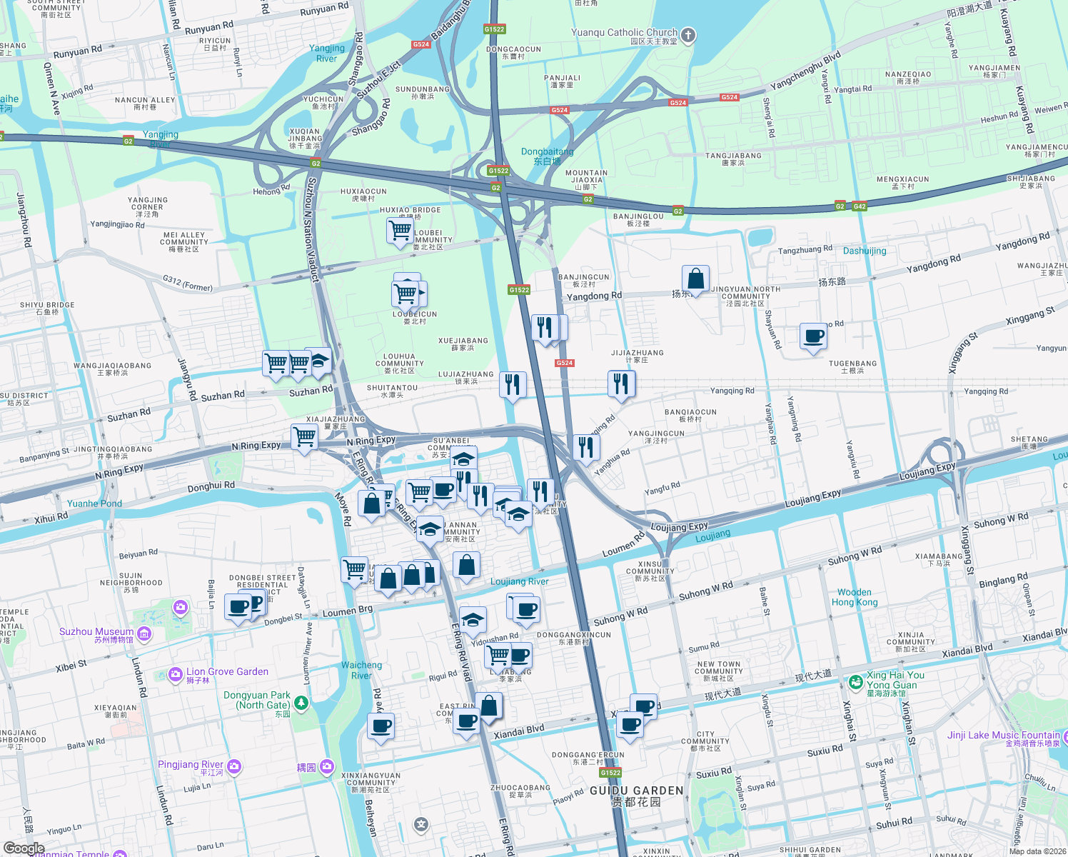 map of restaurants, bars, coffee shops, grocery stores, and more near Xin Su Lu in Su Zhou Shi