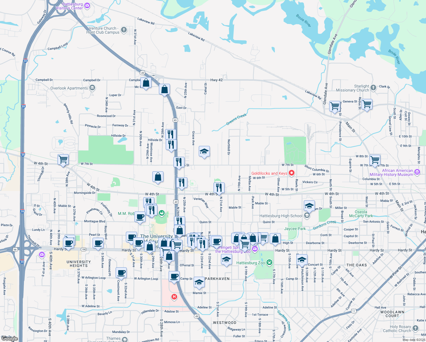 map of restaurants, bars, coffee shops, grocery stores, and more near 609 Meadowlane Drive in Hattiesburg