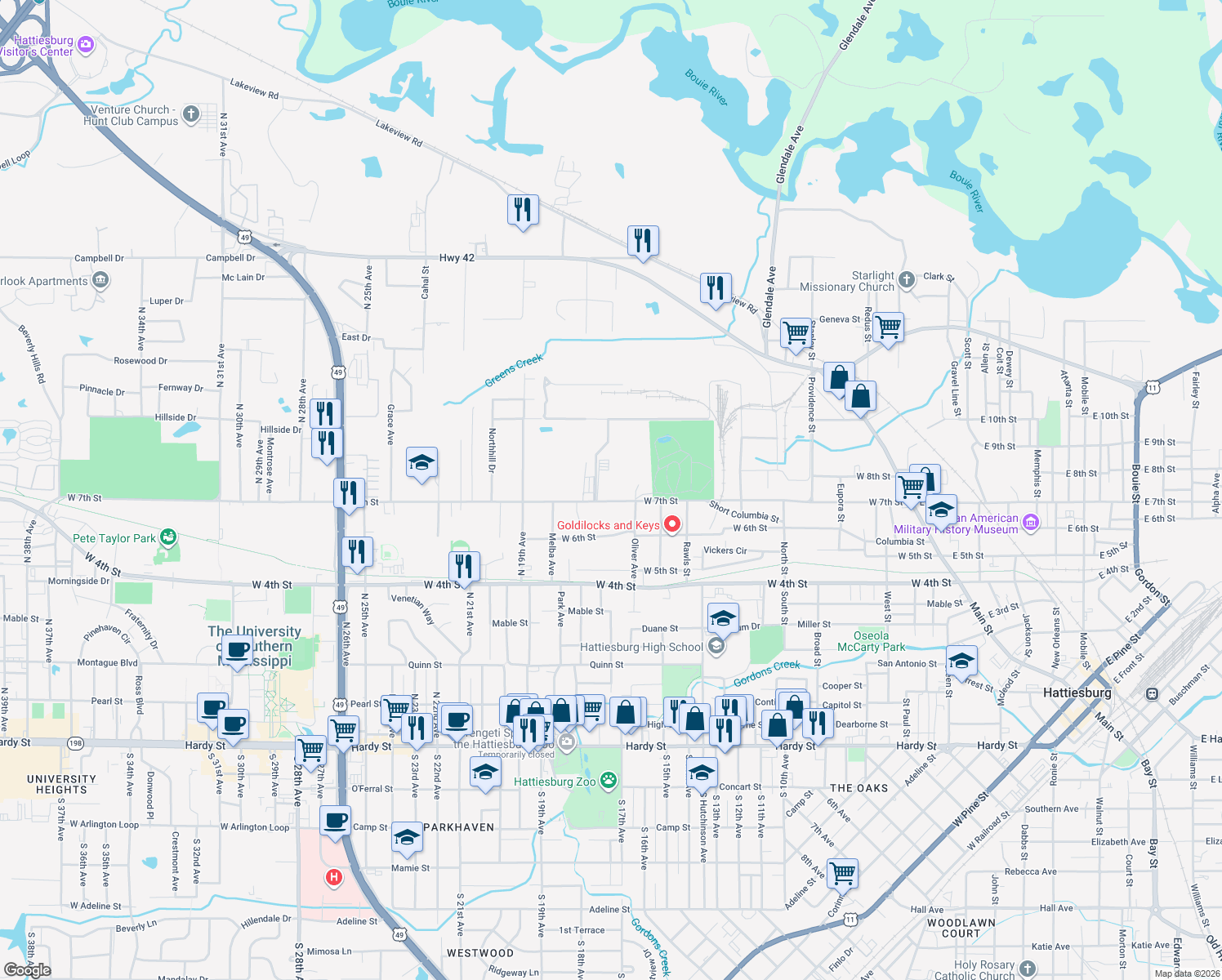 map of restaurants, bars, coffee shops, grocery stores, and more near 1214 W 7th St in Hattiesburg