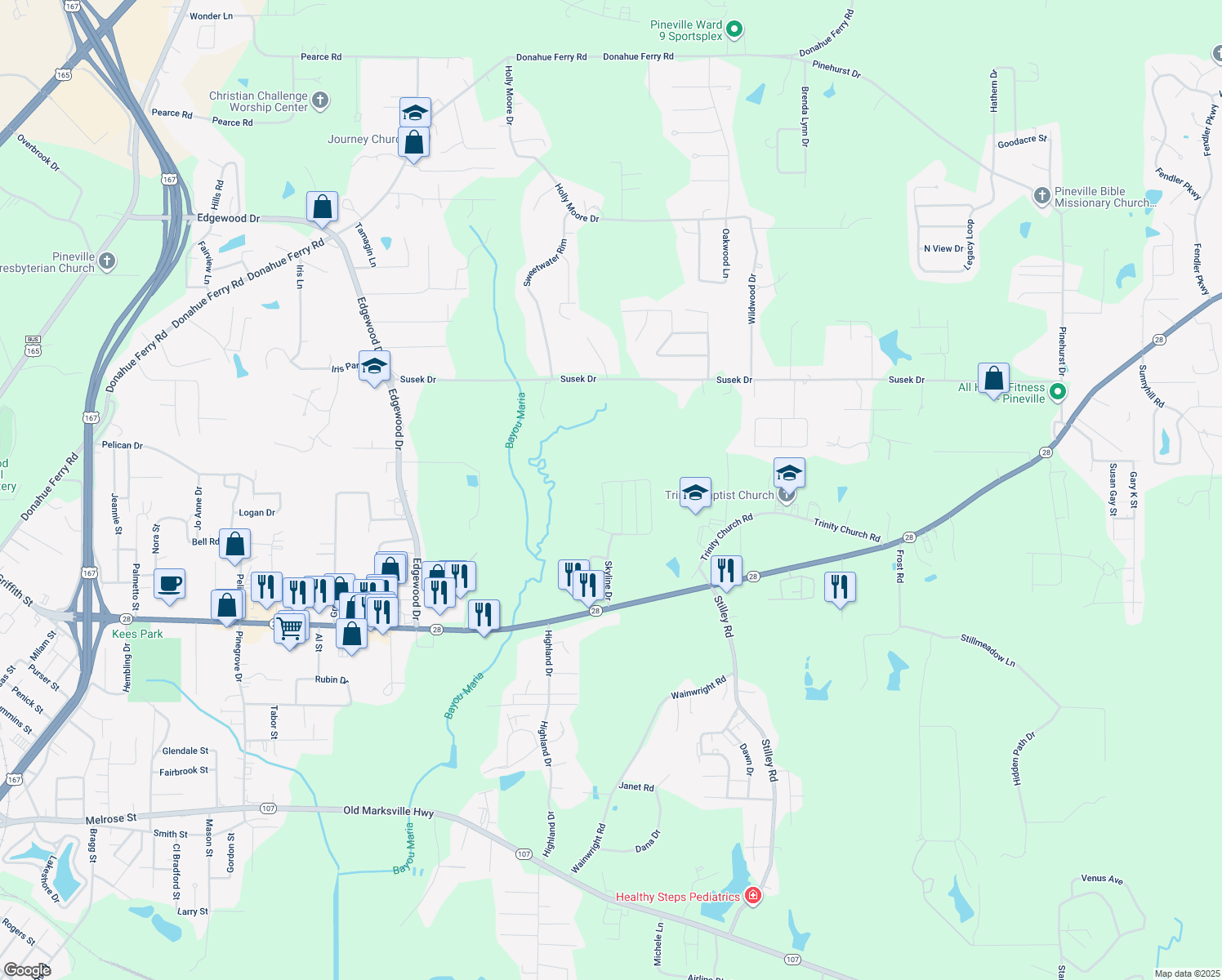 map of restaurants, bars, coffee shops, grocery stores, and more near 410 Crossover Dr in Pineville