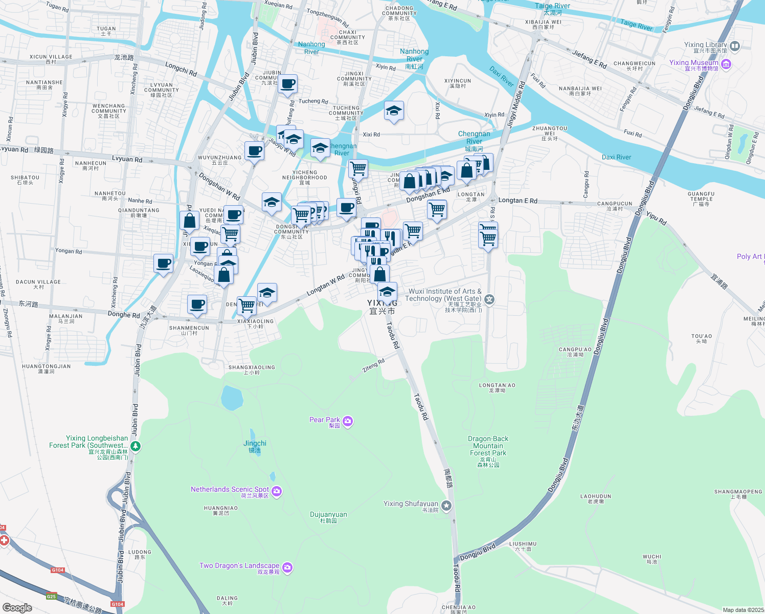 map of restaurants, bars, coffee shops, grocery stores, and more near in Wuxi